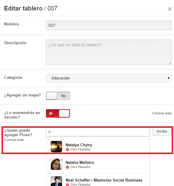 como invitar otro pineador a tu tablero secreto