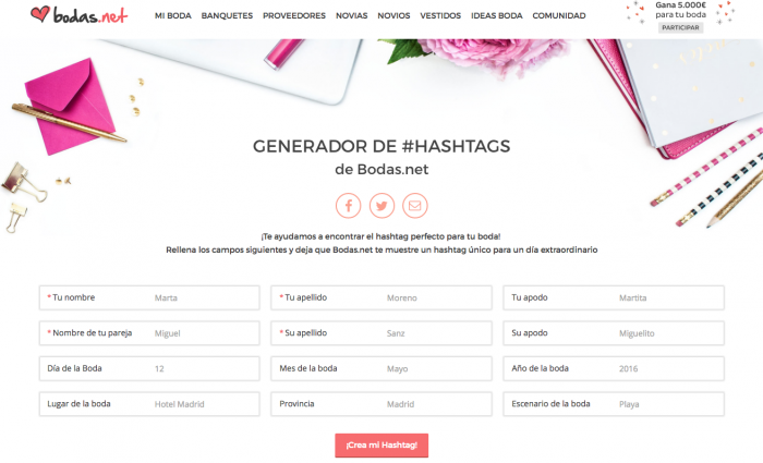 Generador de hashtags para boda