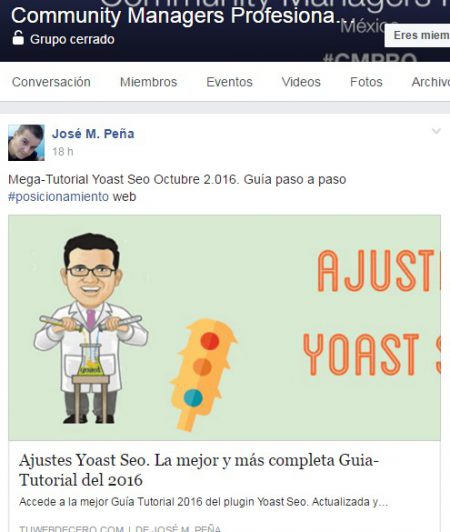 mercadologos exitosos - Ejemplo de compartir contenido propio en grupos con objetivo de