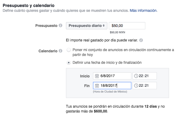  Definir presupuesto para anuncios de Facebook
