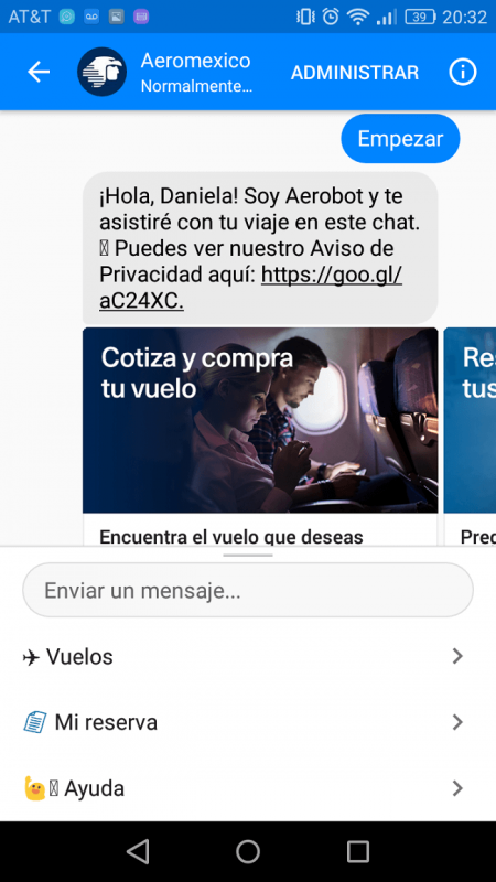 Servicio al cliente de las aerolineas en Messenger caso AeroMexico