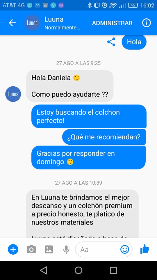 Servicio al cliente en Messenger caso Luuna