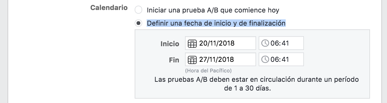 Duracion de prueba a-b anuncios de Facebook vs anuncios en Instagram