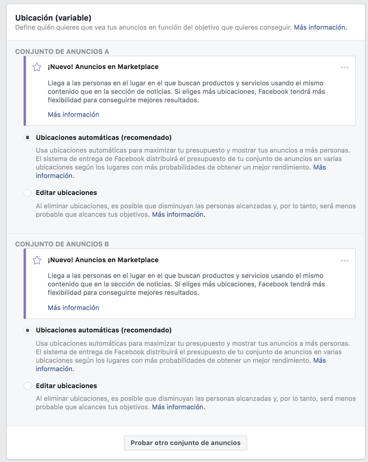 Prueba A/B anuncios de Facebook vs anuncios en Instagram - ubicaciones