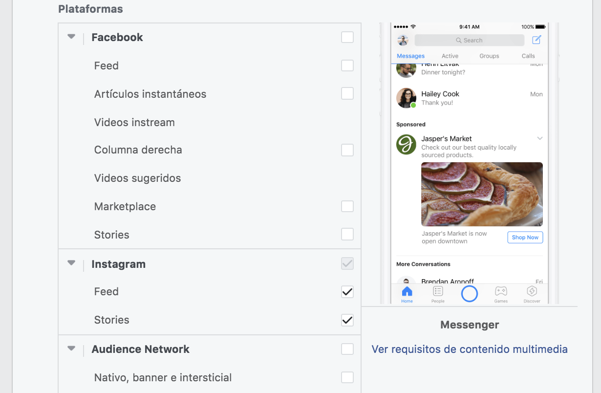 Instagram como ubicación de anuncios de Facebook