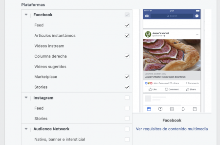 ubicaciones de anuncios de Facebook