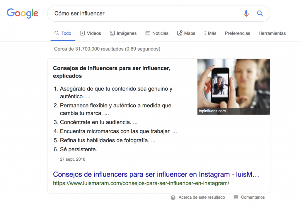 Ejemplo de contenido en fragmentos destacados de Google