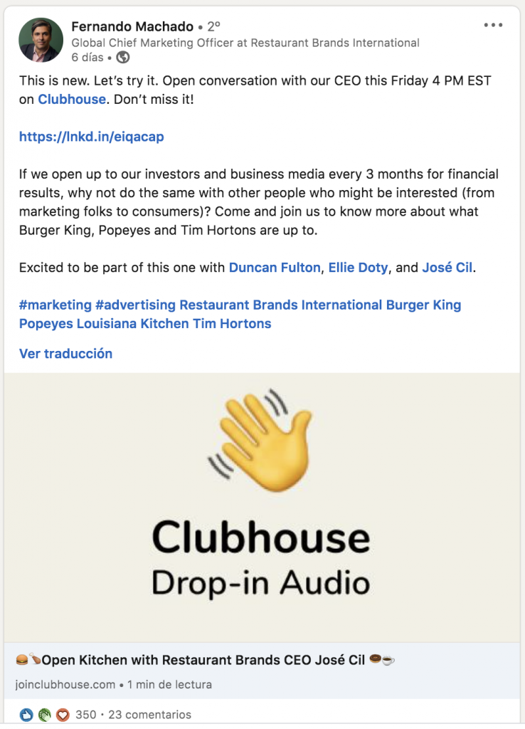 Ejemplo de cómo usar Clubhouse