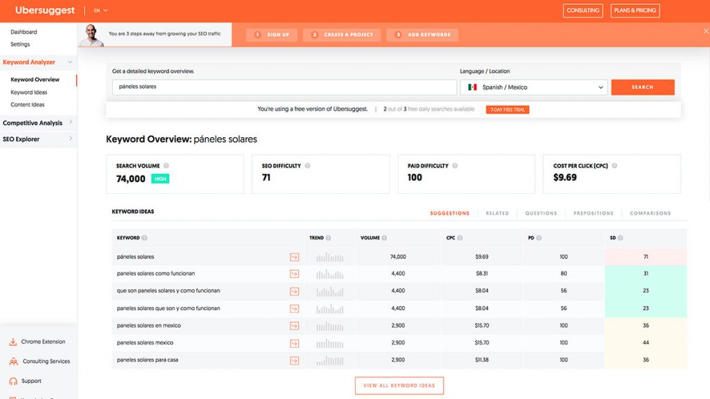 Ubersuggest, herramienta para Escribir contenido para SEO