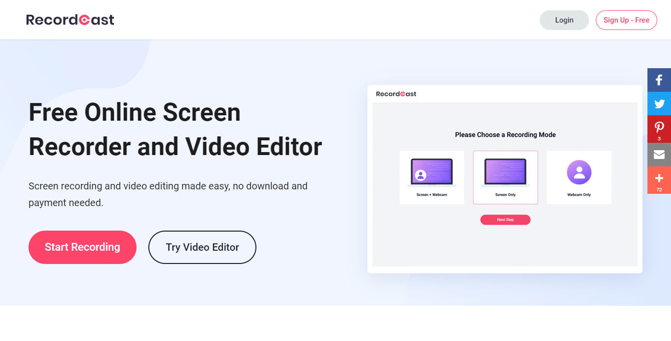 RecordCast Herramienta gratuita para grabar la pantalla de tu computadora y editar el video