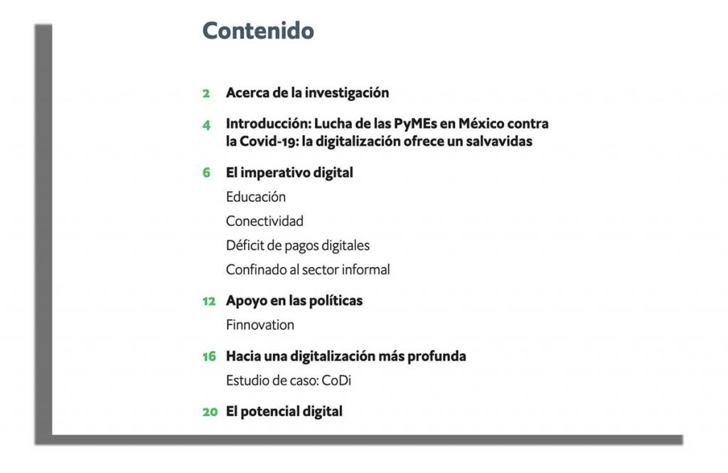 Indice del informe de Transformación digital en PYMES